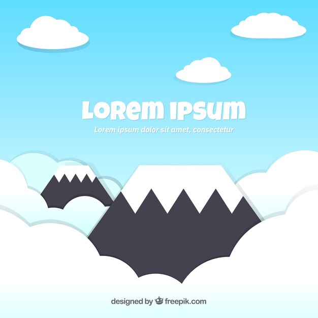 Cloudy sky background with mountains in flat style