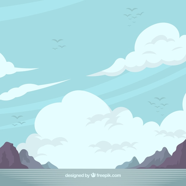 Cloudy sky background with mountains in flat style