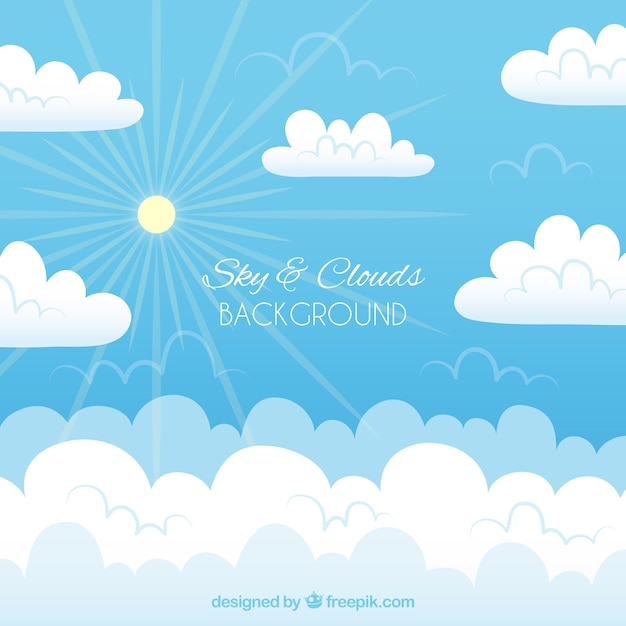 Free vector cloudy sky background with sun in flat style