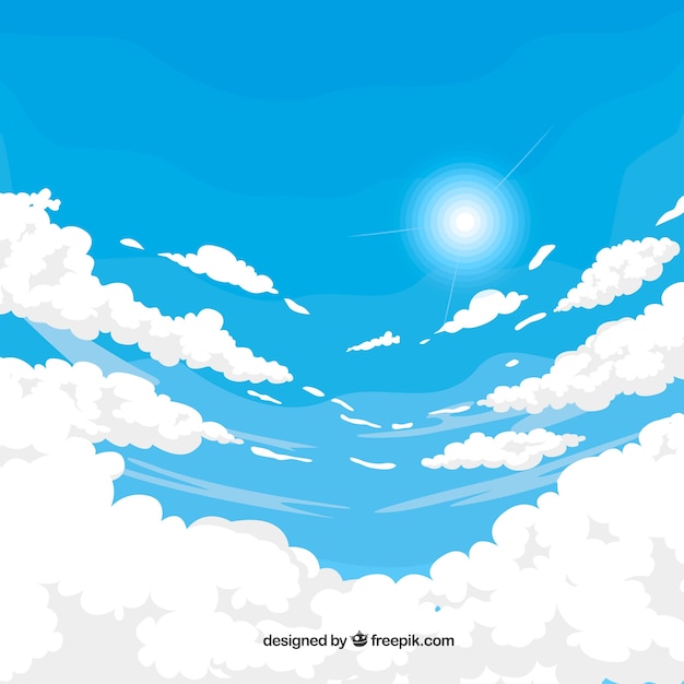 Cloudy sky background with sun in flat style