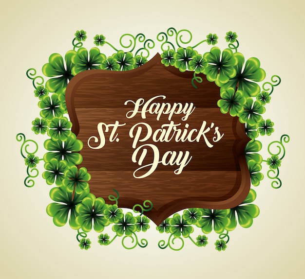 Free vector clovers plants with wood emblem to st patrick's day