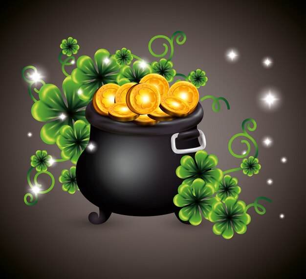 Clovers with gold coins inside cauldron for St Patrick's day