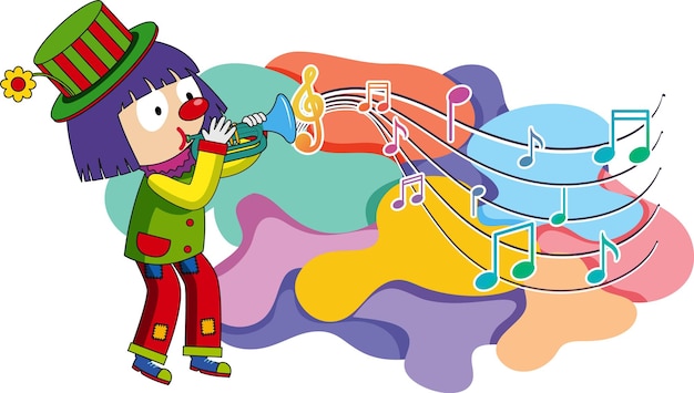 Clown blowing trumpet with music notes on white background