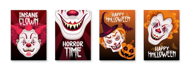 Free vector clowns evil poster set with four vertical compositions of scary faces pumpkins bats and editable text vector illustration