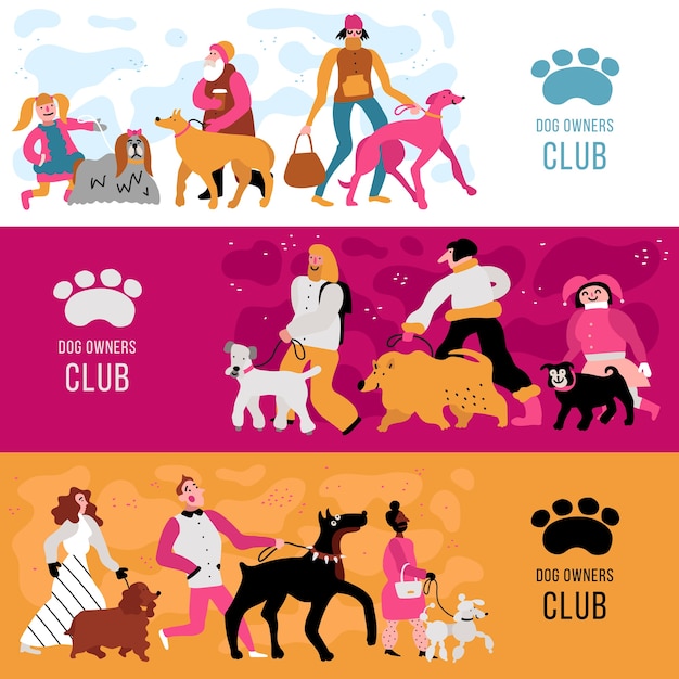 Free vector club of dog owners horizontal banners set with adults and kids, different canine breeds isolated