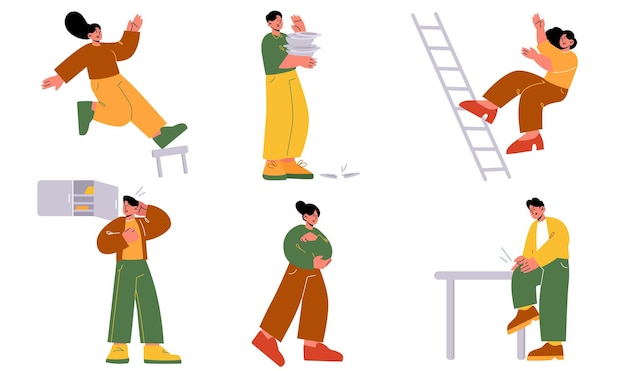 Free vector clumsy people unexpected accidents male and female characters fall down from ladder or stool smash dishes hit foot elbow or head by furniture men or women getting injury line art flat vector set