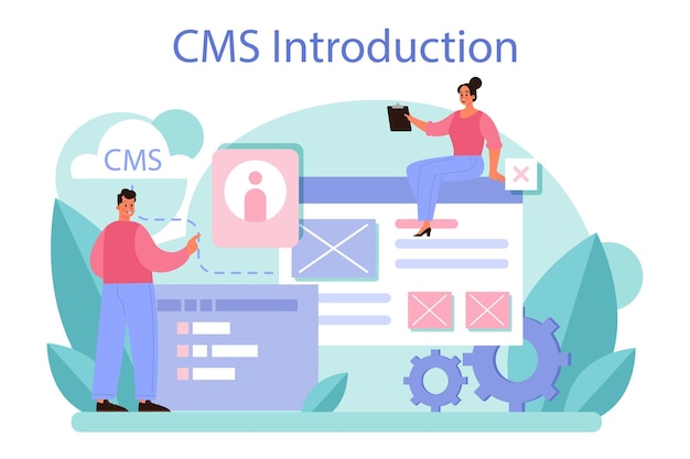 CMS introduction Content management system Creation and modification of digital content Idea of digital strategy and content for social network making Isolated flat illustration