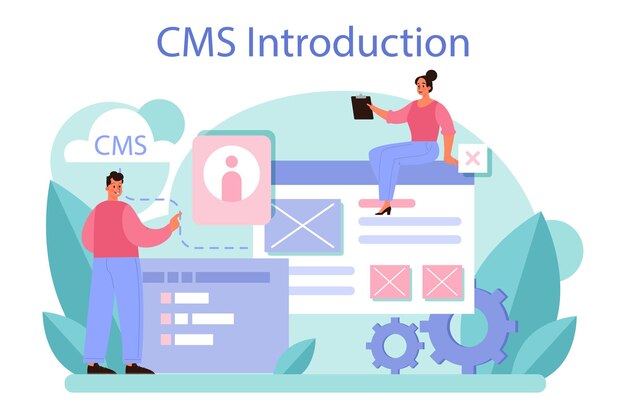 CMSの紹介コンテンツ管理システムデジタルコンテンツの作成と変更ソーシャルネットワーク作成のためのデジタル戦略とコンテンツのアイデア孤立したフラットなイラスト