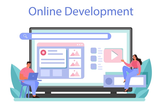 CMS introduction online service or platform Content management system Creation of digital content Online development Isolated flat illustration