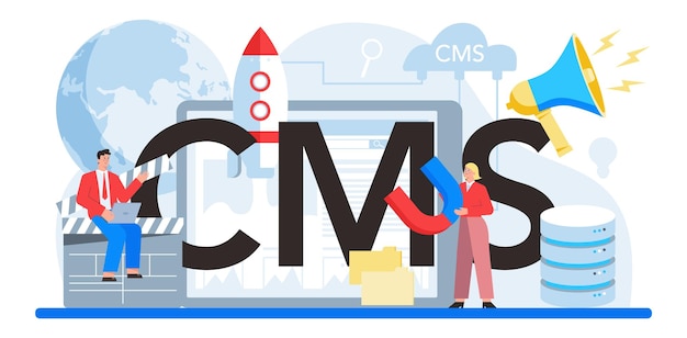 Cms 인쇄 상의 헤더 콘텐츠 관리 시스템 디지털 콘텐츠 생성 및 수정 소셜 네트워크 제작을 위한 디지털 전략 및 콘텐츠 아이디어 격리된 평면 그림