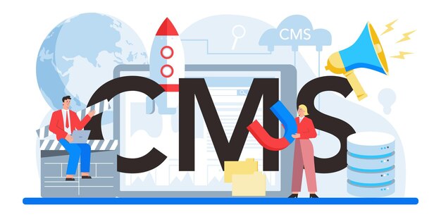 Типографический заголовок CMS Система управления контентом Создание и модификация цифрового контента Идея цифровой стратегии и контента для создания социальных сетей Изолированная плоская иллюстрация