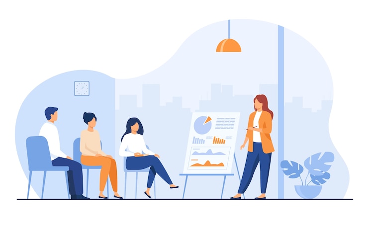 Free Vector coach speaking before audience. mentor presenting charts and reports, employees meeting at business training, seminar or conference. vector illustration for presentation, lecture, education 