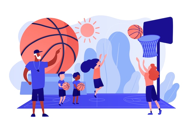 Allenatore che insegna e bambini che praticano basket in un campo estivo, persone minuscole. campo di pallacanestro, accademia, raggiungere il concetto di obiettivi di basket. pinkish coral bluevector illustrazione isolata