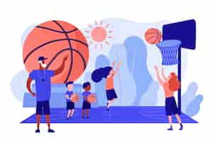 Free vector coach teaching and kids practicing basketball in summer camp, tiny people. basketball camp, academy, achieve basketball goals concept. pinkish coral bluevector isolated illustration