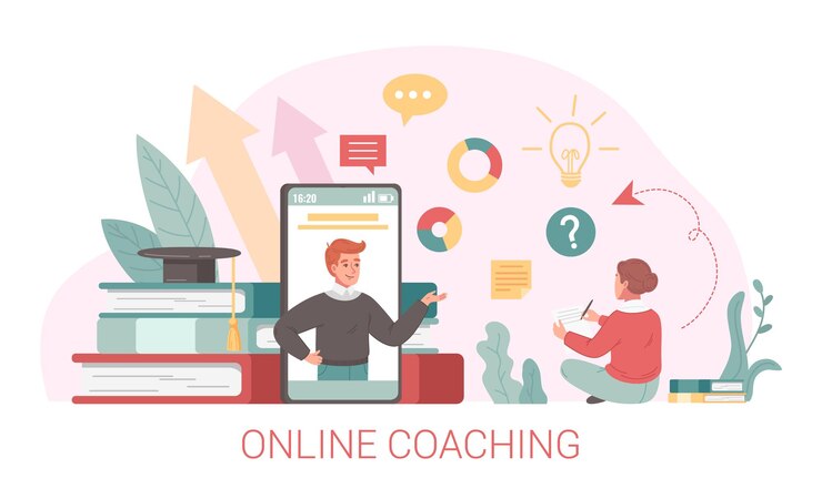 Free Vector coaching flat cartoon concept with online training scene vector illustration