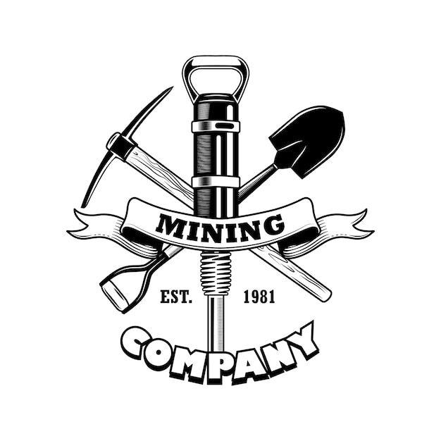 Illustrazione di vettore degli strumenti dei minatori del carbone. twibill incrociato, pala, piccone martello pneumatico, testo su nastro. concetto di società di estrazione del carbone per modelli di emblemi e distintivi