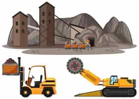 Free vector coal mining scene with different types of construction trucks