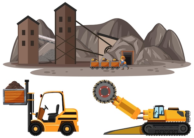 다양한 유형의 건설 트럭이있는 석탄 채굴 현장