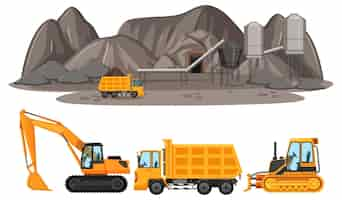 Free vector coal mining scene with different types of construction trucks