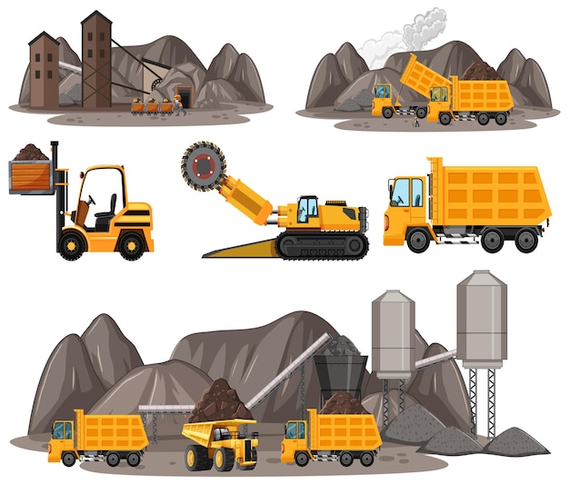 Free vector coal mining scene with different types of construction trucks