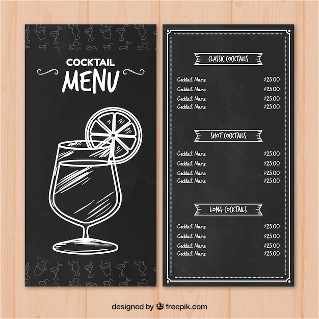 Vettore gratuito menu del cocktail bar in stile lavagna