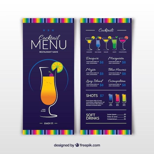 Menu del cocktail bar in stile piatto