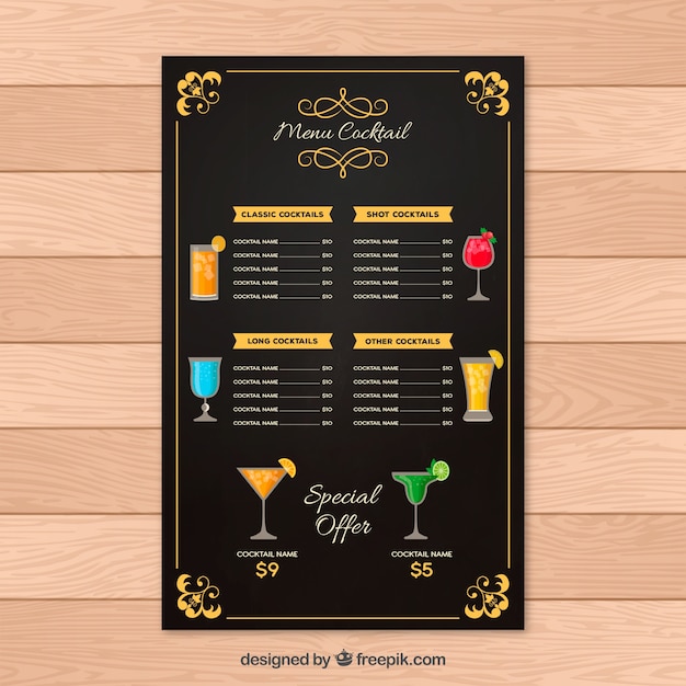 Menu del cocktail bar in stile piatto