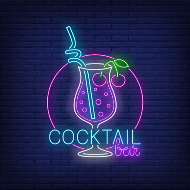 Free vector cocktail bar neon text, drink with straw and cherries