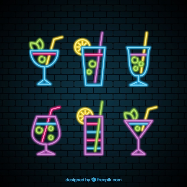 Бесплатное векторное изображение Коллекция коктейлей с неоновой подсветкой