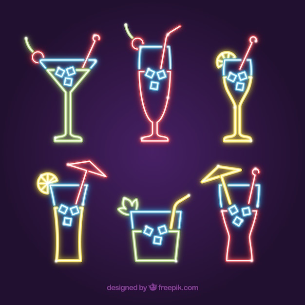 Free vector cocktail collection with neon lights style