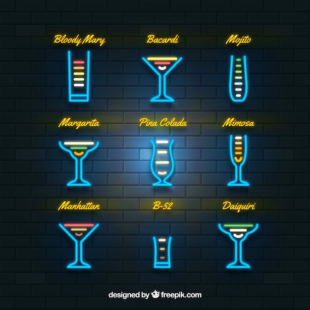 Free vector cocktail collection with neon lights style