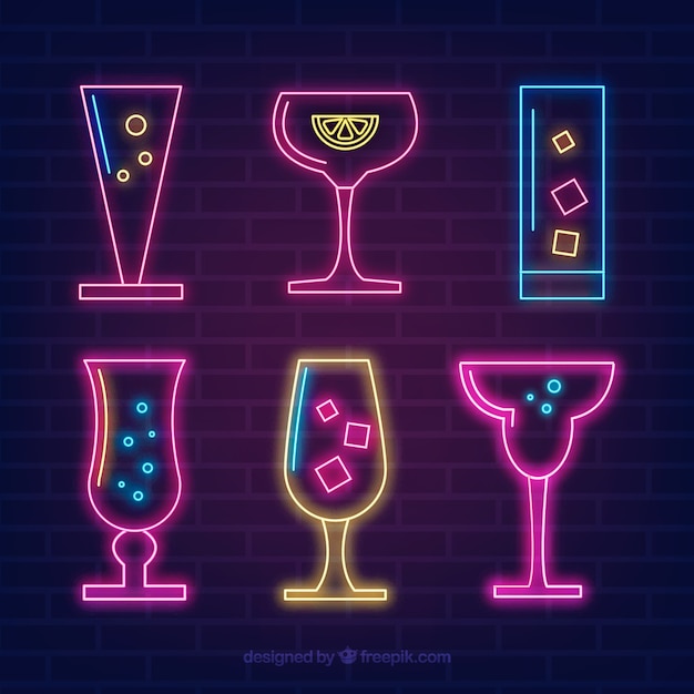 Бесплатное векторное изображение Коллекция коктейлей с неоновой подсветкой