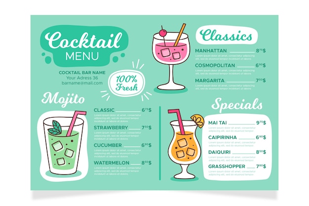 Vettore gratuito concetto di menu di cocktail