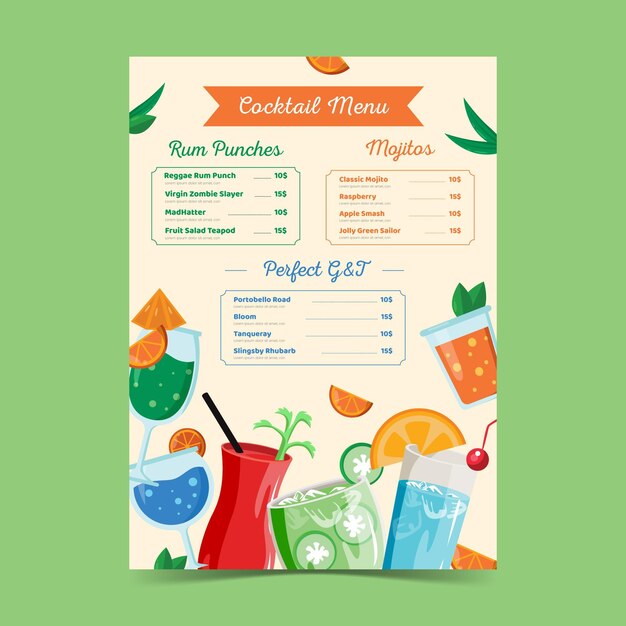 Cocktail menu hand drawn template