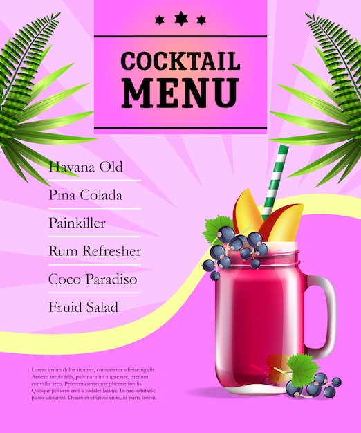 Cocktail menu poster. fruit juice jar and palm leaves on pink background with rays.