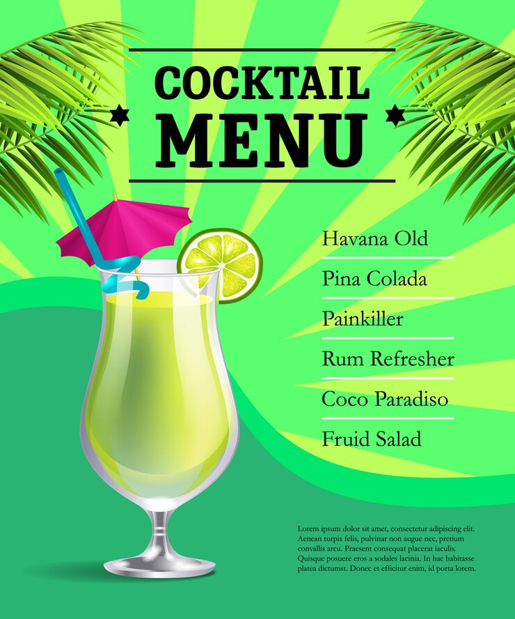 Free Vector cocktail menu poster template. glass with drink and lime and palm leaves 