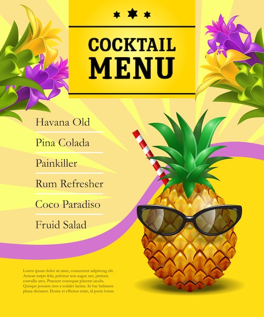 Vettore gratuito modello di manifesto menu cocktail. ananas in occhiali da sole con cannuccia