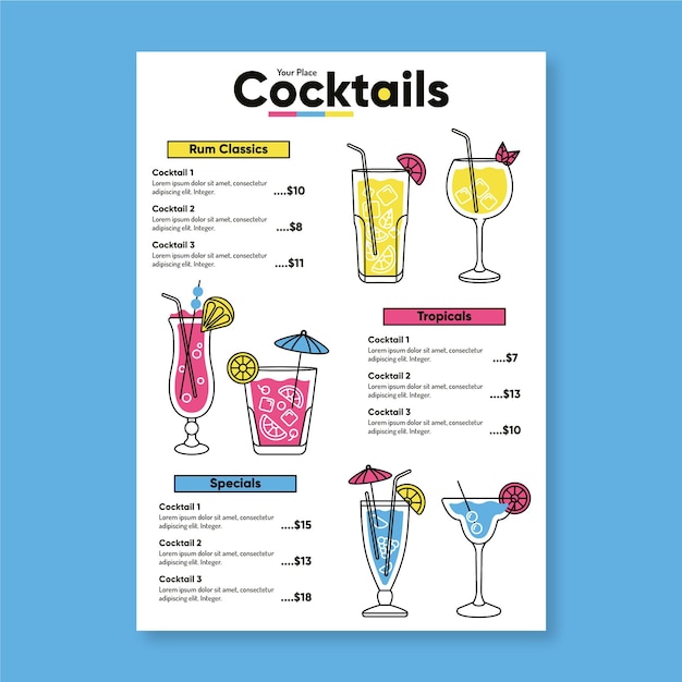 Vettore gratuito disegno del modello di menu cocktail