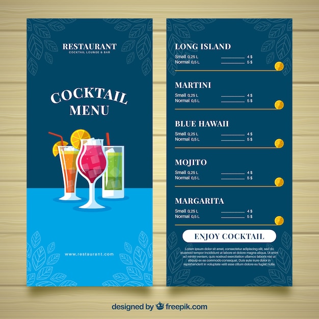 Vettore gratuito modello di menu cocktail in design piatto