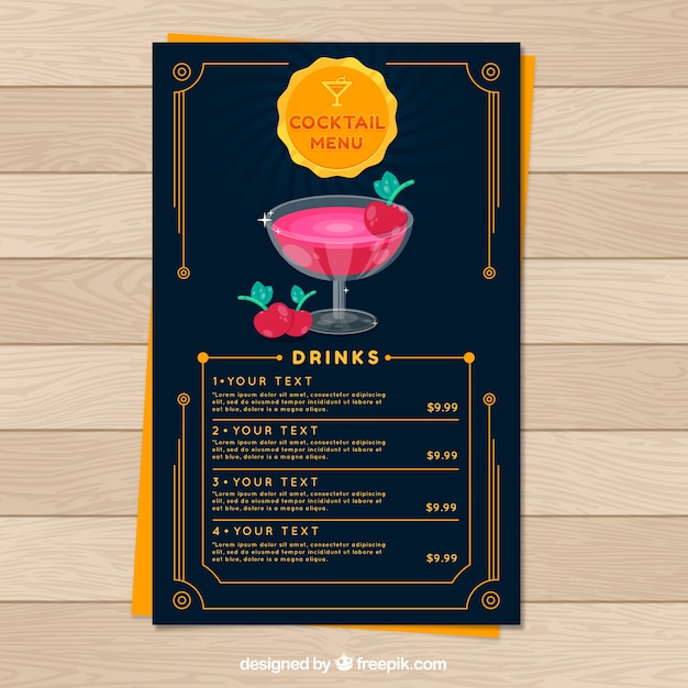 Modello di menu cocktail in design piatto