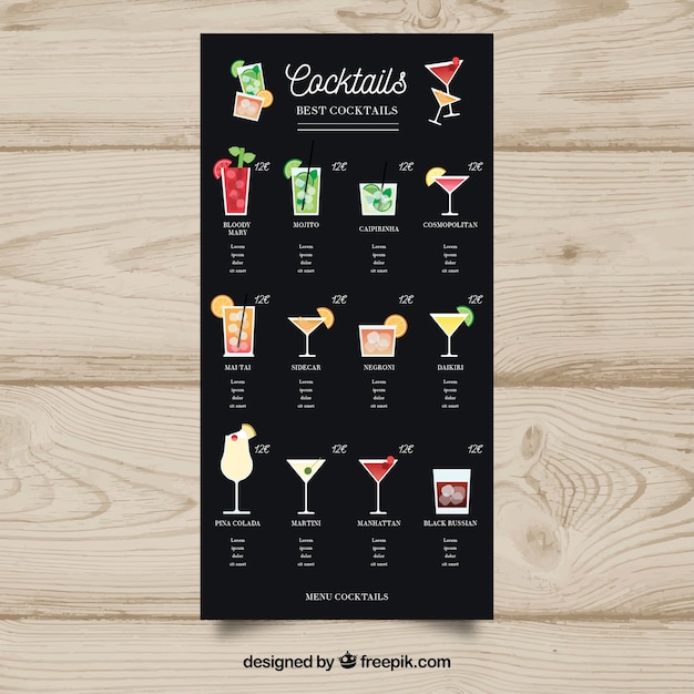 Vettore gratuito modello di menu cocktail in design piatto