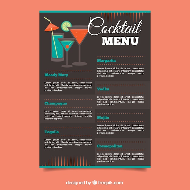 Vettore gratuito modello di menu cocktail in design piatto