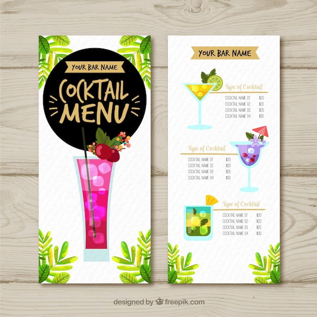 Free vector cocktail menu template in flat design