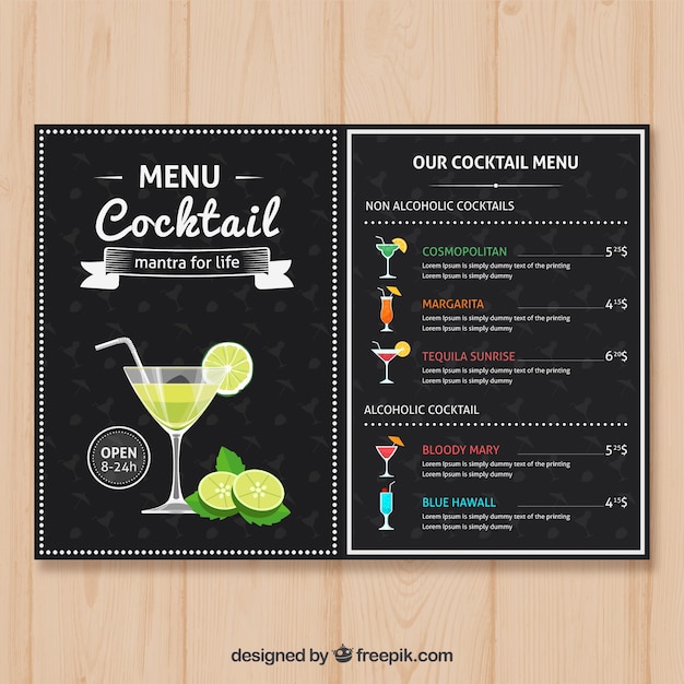 Vettore gratuito modello di menu cocktail in design piatto