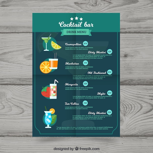 Modello di menu cocktail in stile piano