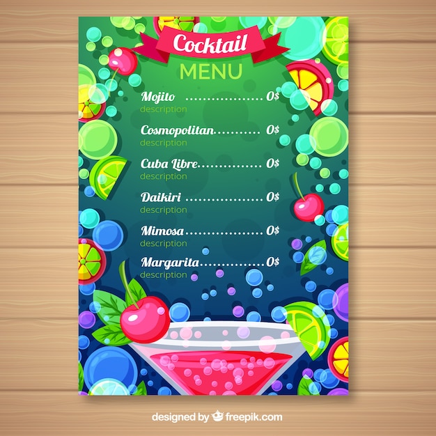 Modello di menu cocktail in stile piano