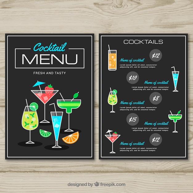 Modello di menu cocktail in stile piano