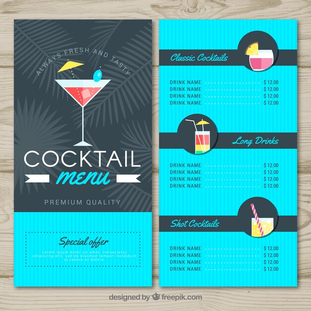 Шаблон меню коктейля в плоском стиле