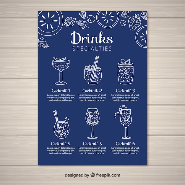 Vettore gratuito modello di menu cocktail in stile piano