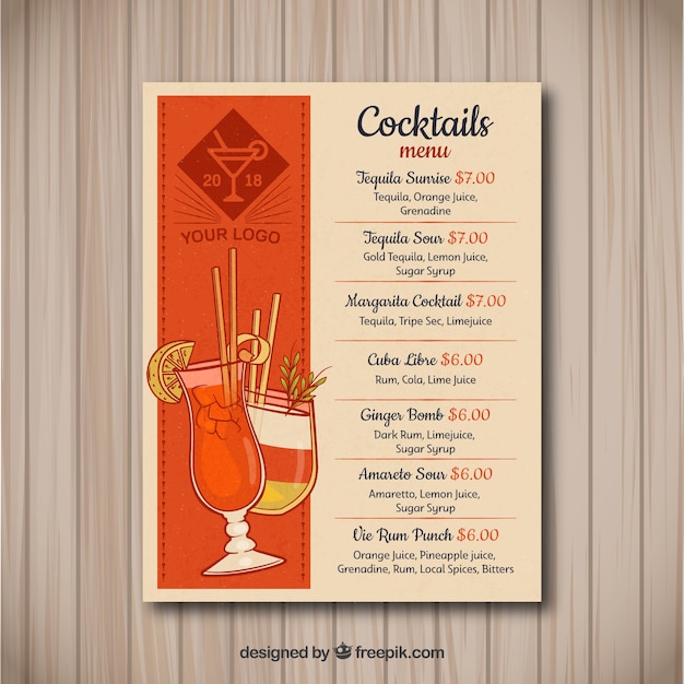 Vettore gratuito stile disegnato del modello del menu del cocktail a disposizione